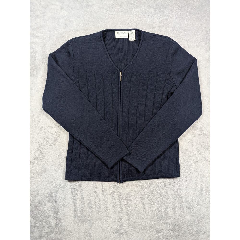 Preview Collection Pure Wool Sweater Full Zip Womens Size Medium Navy Blue Knit